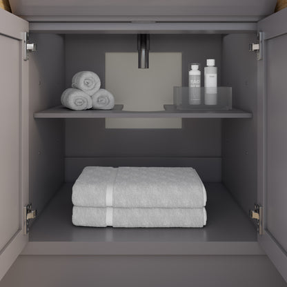 Meuble-lavabo simple Capri III avec organiseur Stealth, armoire de salle de bain en bois massif avec comptoir et dosseret en pierre reconstituée, porte et tiroir à fermeture amortie, pré-assemblé