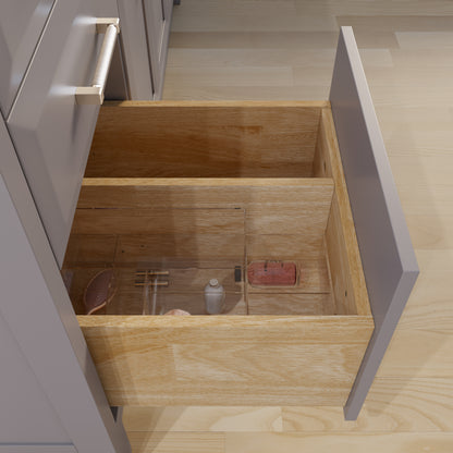 Meuble-lavabo simple Capri III avec organiseur Stealth, armoire de salle de bain en bois massif avec comptoir et dosseret en pierre reconstituée, porte et tiroir à fermeture amortie, pré-assemblé