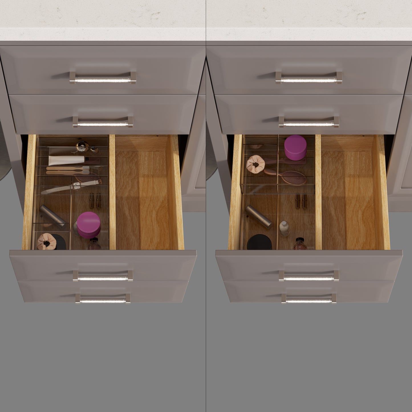 Meuble-lavabo simple Capri III avec organiseur Stealth, armoire de salle de bain en bois massif avec comptoir et dosseret en pierre reconstituée, porte et tiroir à fermeture amortie, pré-assemblé