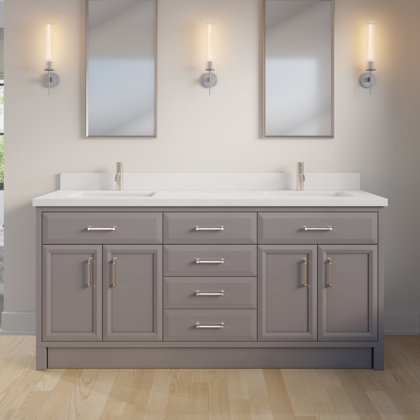 Meuble-lavabo simple Capri III avec organiseur Stealth, armoire de salle de bain en bois massif avec comptoir et dosseret en pierre reconstituée, porte et tiroir à fermeture amortie, pré-assemblé