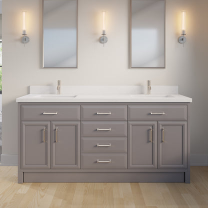 Meuble-lavabo simple Capri III avec organiseur Stealth, armoire de salle de bain en bois massif avec comptoir et dosseret en pierre reconstituée, porte et tiroir à fermeture amortie, pré-assemblé