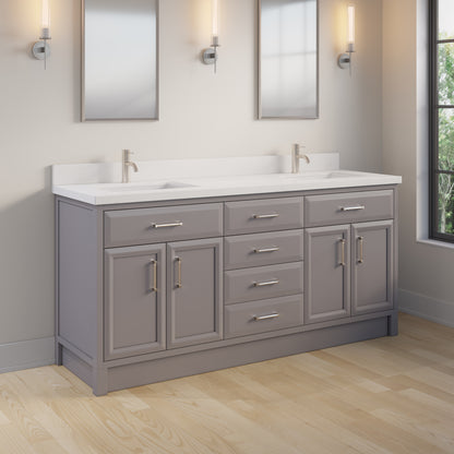 Meuble-lavabo simple Capri III avec organiseur Stealth, armoire de salle de bain en bois massif avec comptoir et dosseret en pierre reconstituée, porte et tiroir à fermeture amortie, pré-assemblé