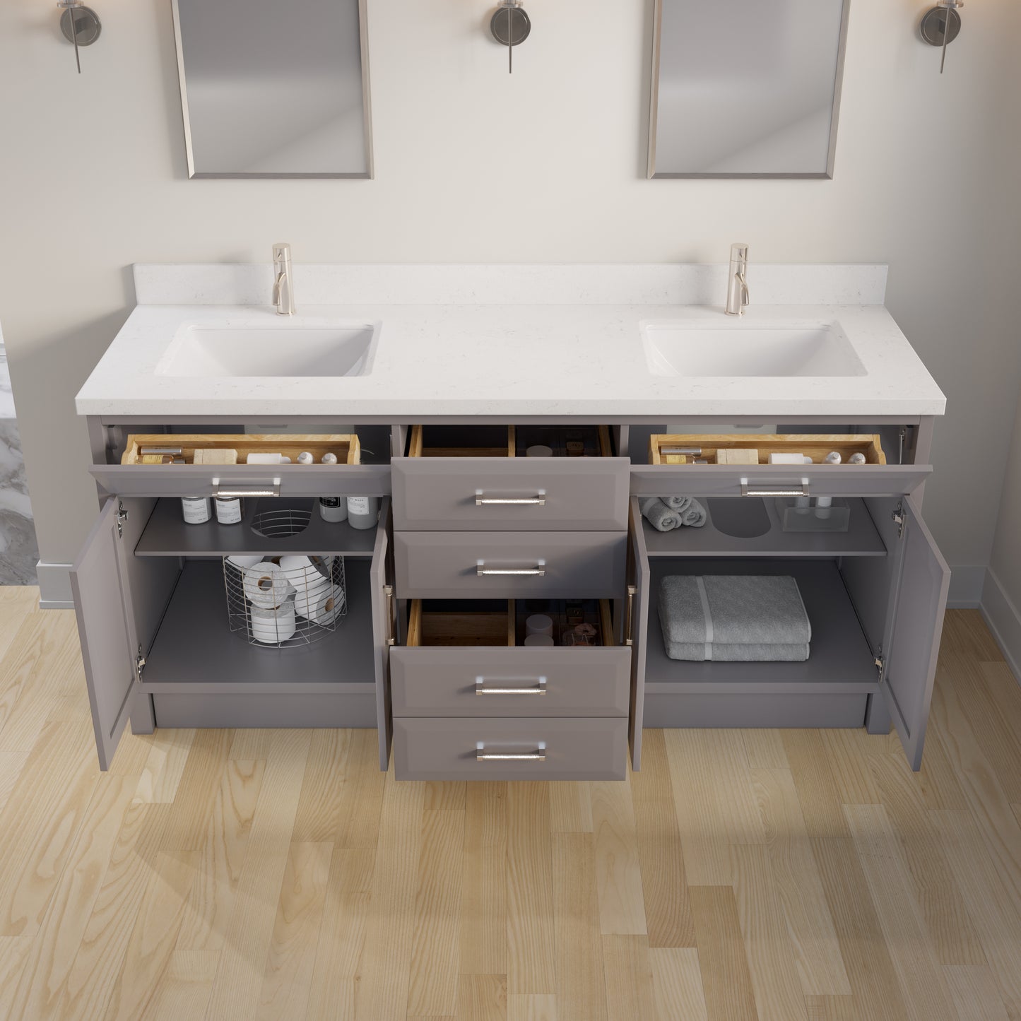 Meuble-lavabo simple Capri III avec organiseur Stealth, armoire de salle de bain en bois massif avec comptoir et dosseret en pierre reconstituée, porte et tiroir à fermeture amortie, pré-assemblé