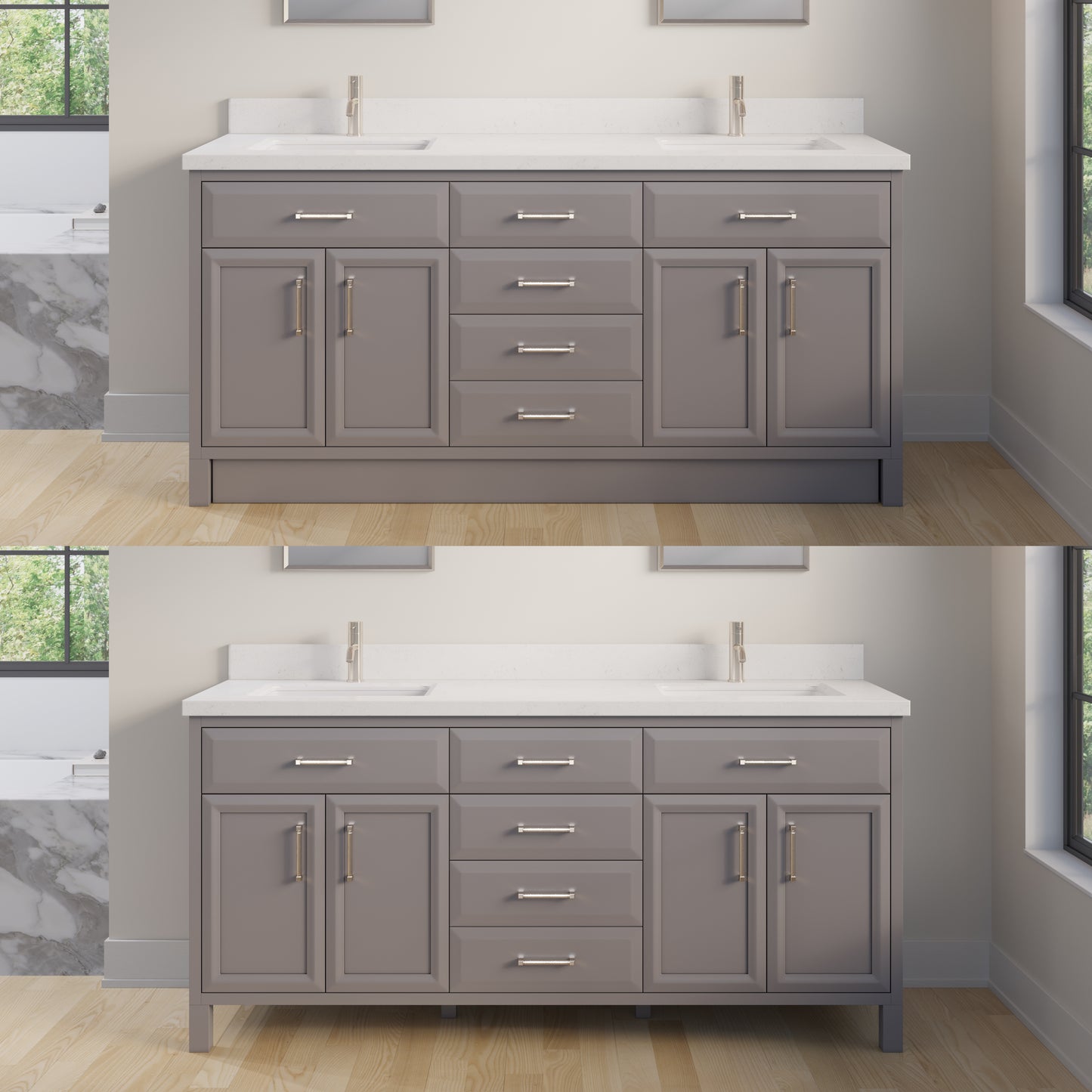 Meuble-lavabo simple Capri III avec organiseur Stealth, armoire de salle de bain en bois massif avec comptoir et dosseret en pierre reconstituée, porte et tiroir à fermeture amortie, pré-assemblé