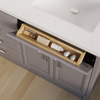 Meuble-lavabo simple Capri III avec organiseur Stealth, armoire de salle de bain en bois massif avec comptoir et dosseret en pierre reconstituée, porte et tiroir à fermeture amortie, pré-assemblé