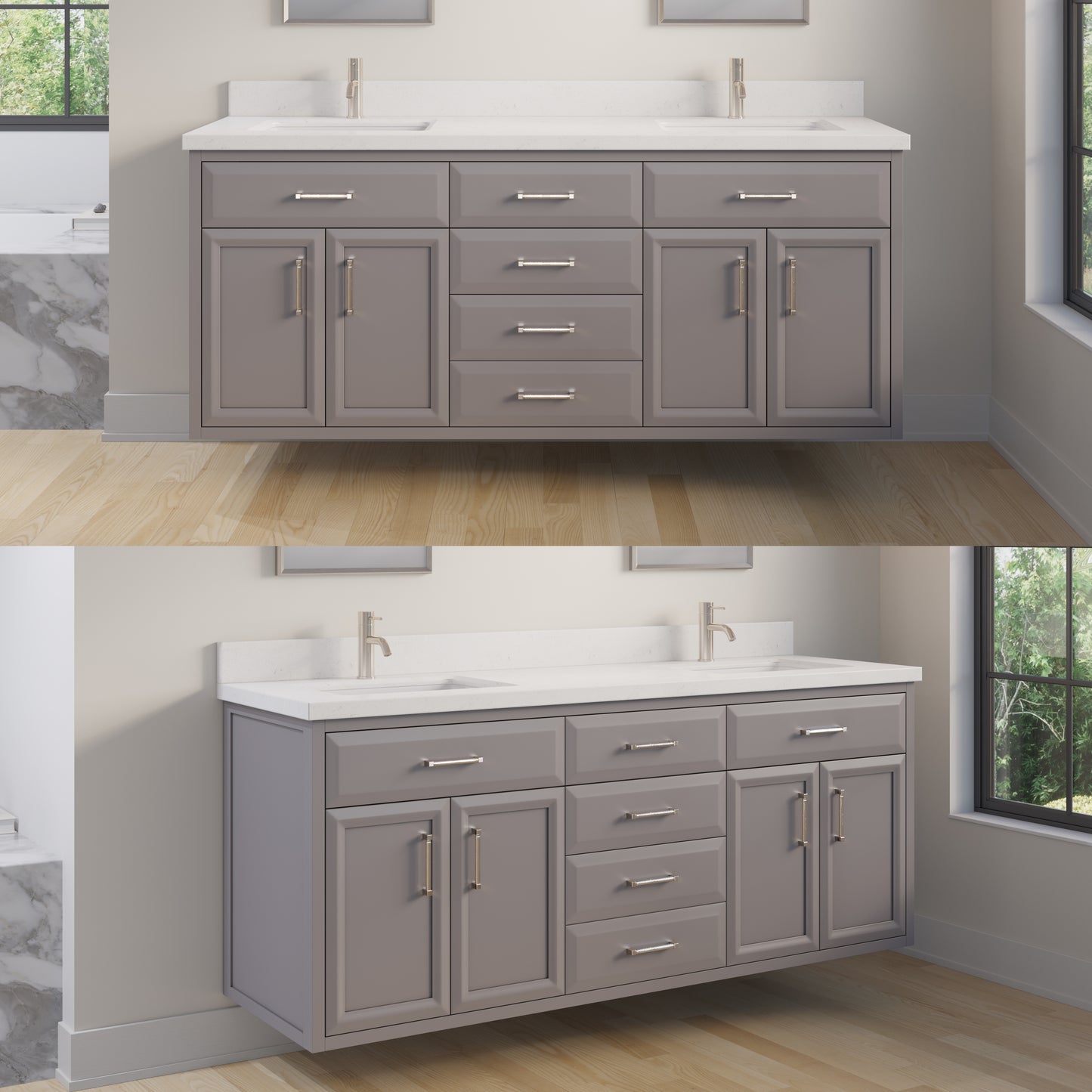 Meuble-lavabo simple Capri III avec organiseur Stealth, armoire de salle de bain en bois massif avec comptoir et dosseret en pierre reconstituée, porte et tiroir à fermeture amortie, pré-assemblé