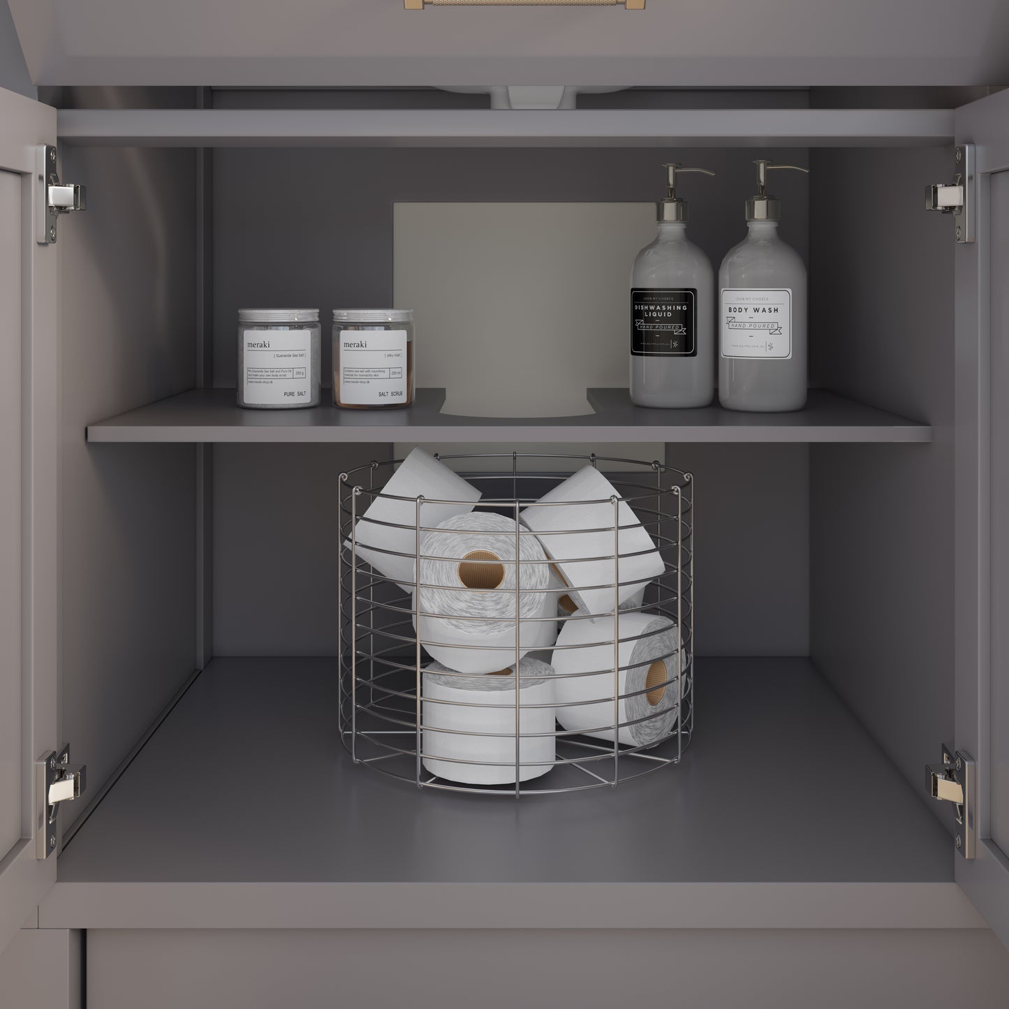 Meuble-lavabo simple Capri III avec organiseur Stealth, armoire de salle de bain en bois massif avec comptoir et dosseret en pierre reconstituée, porte et tiroir à fermeture amortie, pré-assemblé