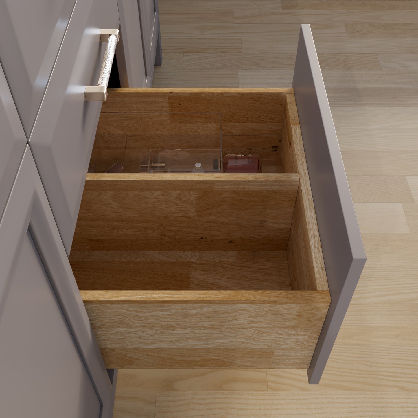 Meuble-lavabo simple Capri III avec organiseur Stealth, armoire de salle de bain en bois massif avec comptoir et dosseret en pierre reconstituée, porte et tiroir à fermeture amortie, pré-assemblé