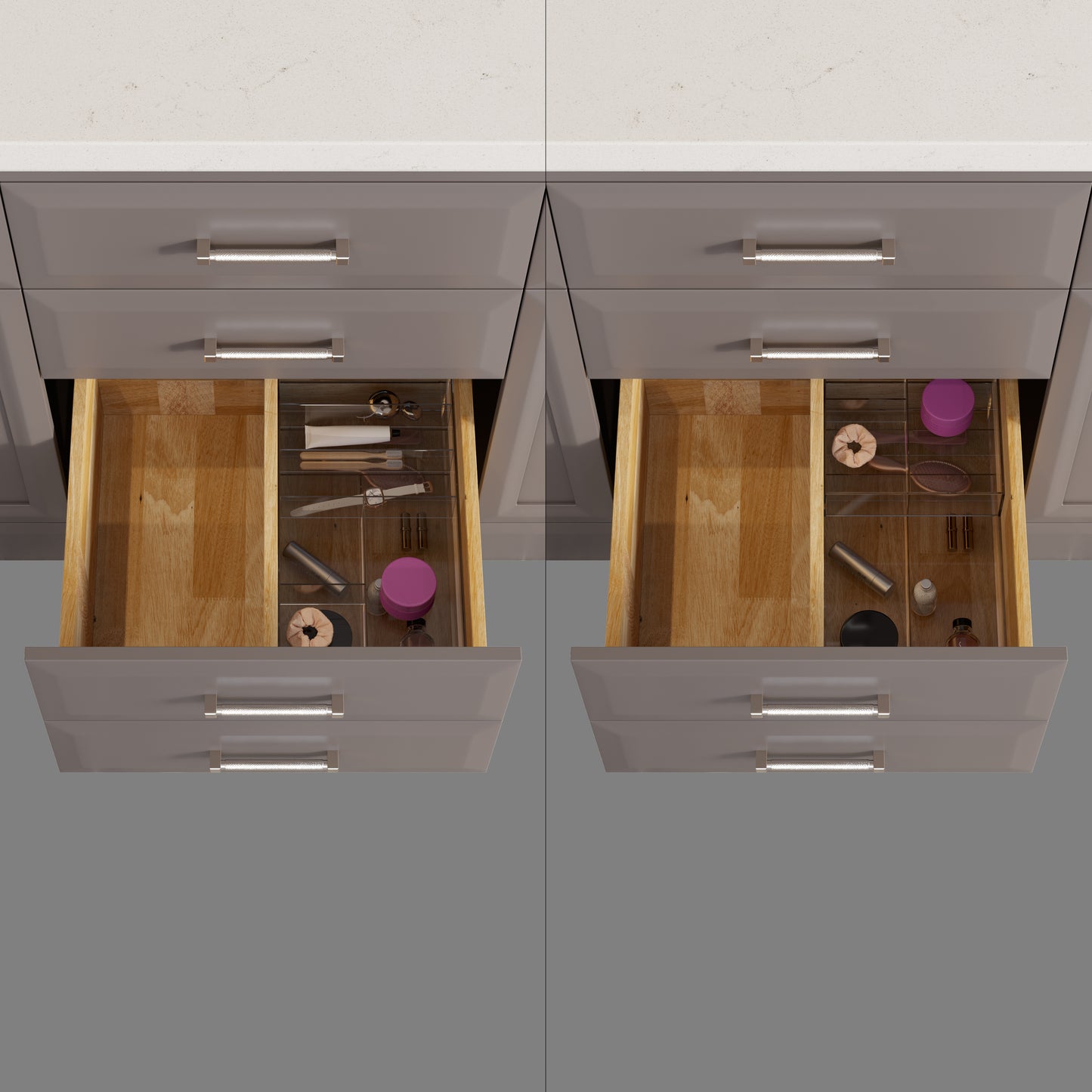 Meuble-lavabo simple Capri III avec organiseur Stealth, armoire de salle de bain en bois massif avec comptoir et dosseret en pierre reconstituée, porte et tiroir à fermeture amortie, pré-assemblé