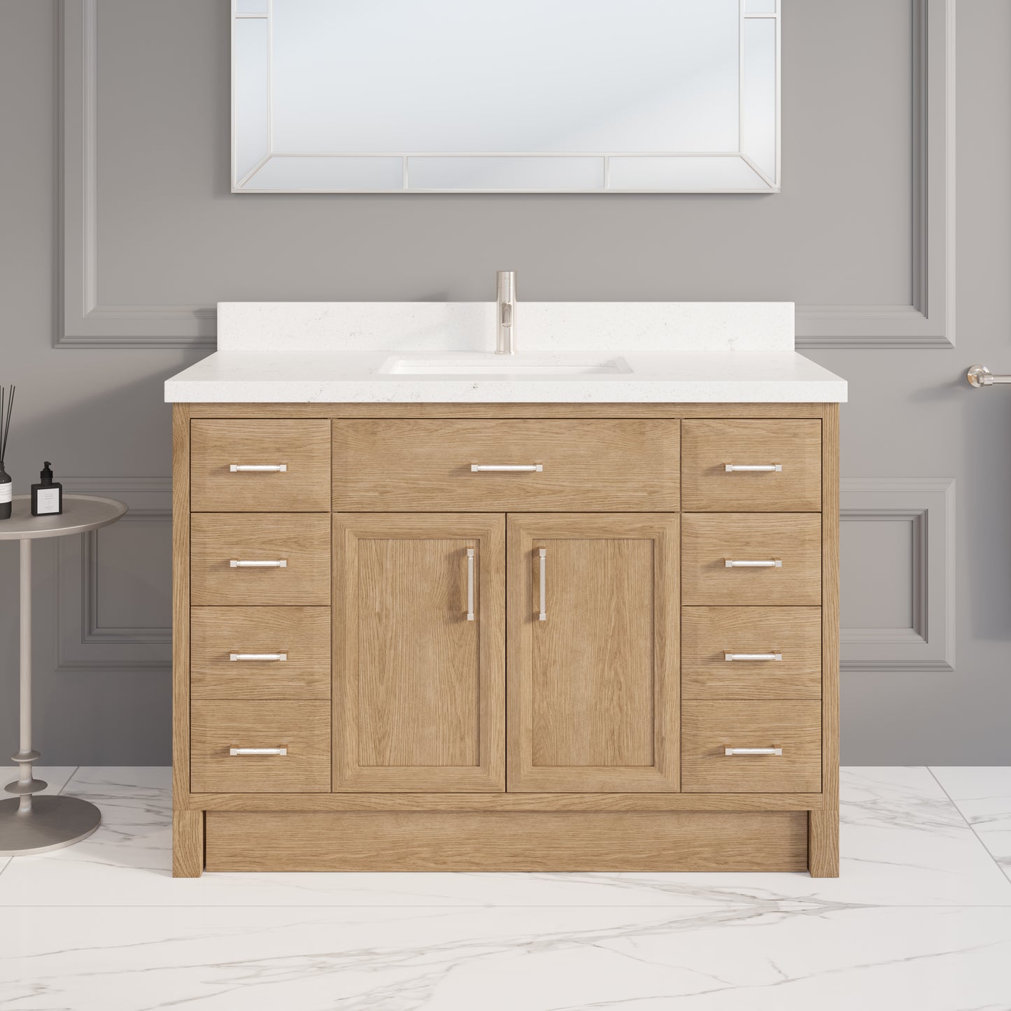 Meuble-lavabo simple Capri III avec organiseur Stealth, armoire de salle de bain en bois massif avec comptoir et dosseret en pierre reconstituée, porte et tiroir à fermeture amortie, pré-assemblé