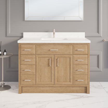 Meuble-lavabo simple Capri III avec organiseur Stealth, armoire de salle de bain en bois massif avec comptoir et dosseret en pierre reconstituée, porte et tiroir à fermeture amortie, pré-assemblé