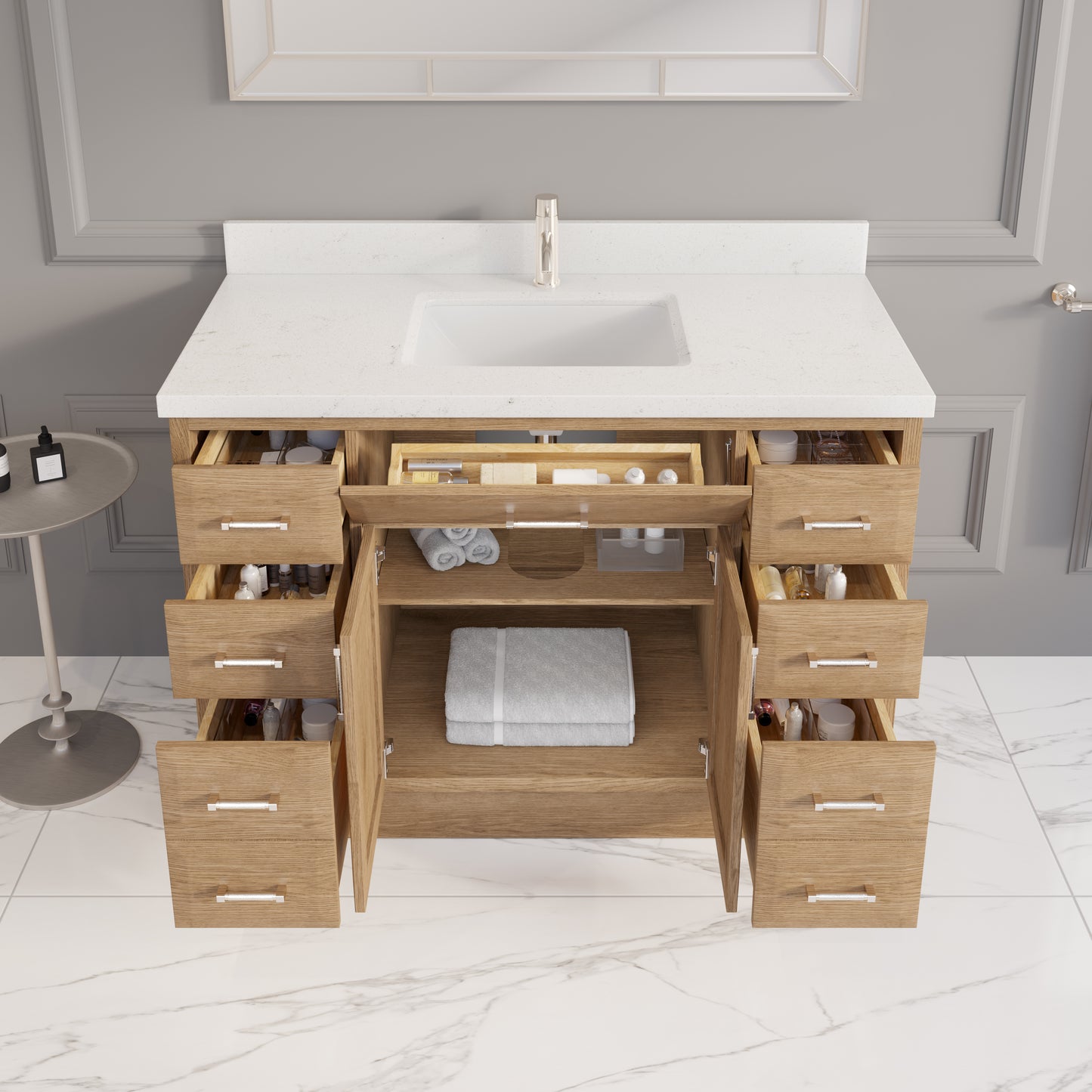 Meuble-lavabo simple Capri III avec organiseur Stealth, armoire de salle de bain en bois massif avec comptoir et dosseret en pierre reconstituée, porte et tiroir à fermeture amortie, pré-assemblé