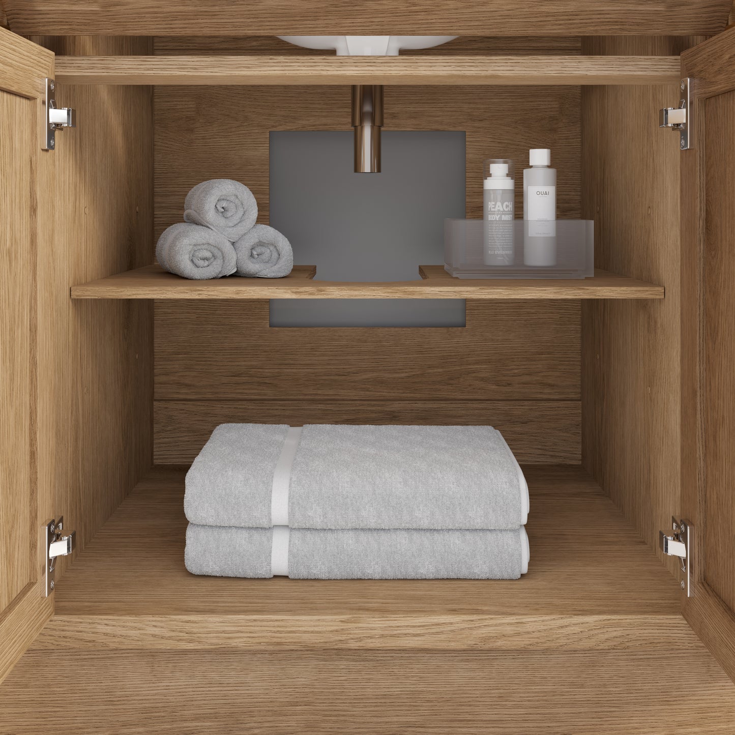 Meuble-lavabo simple Capri III avec organiseur Stealth, armoire de salle de bain en bois massif avec comptoir et dosseret en pierre reconstituée, porte et tiroir à fermeture amortie, pré-assemblé