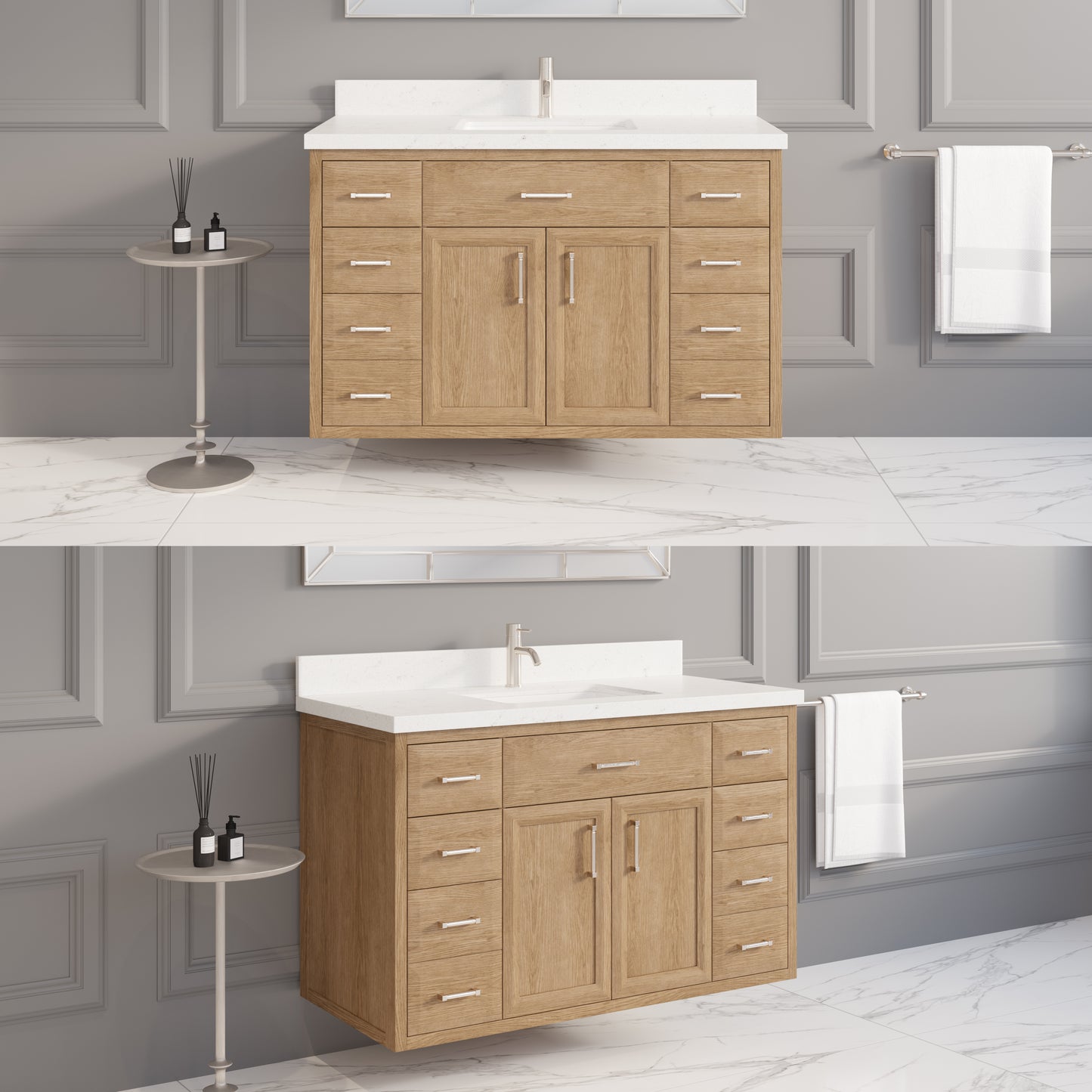 Meuble-lavabo simple Capri III avec organiseur Stealth, armoire de salle de bain en bois massif avec comptoir et dosseret en pierre reconstituée, porte et tiroir à fermeture amortie, pré-assemblé