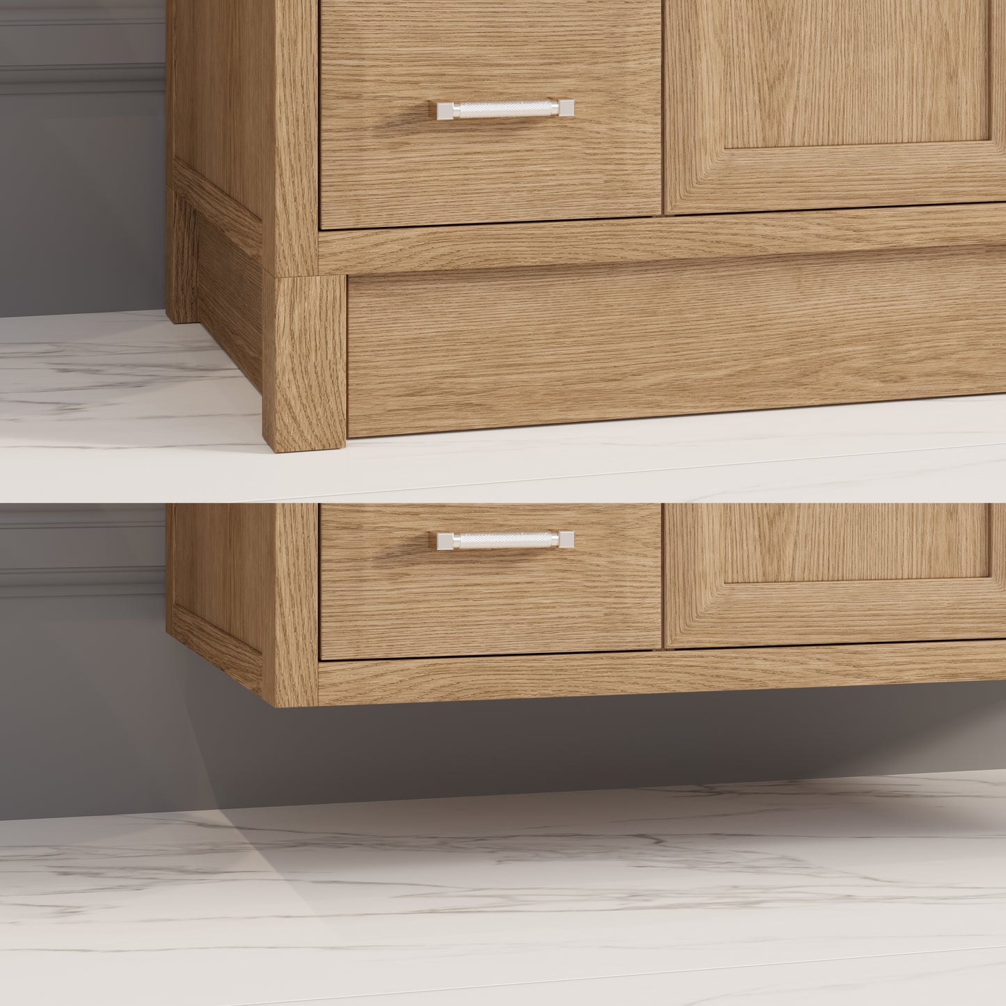 Meuble-lavabo simple Capri III avec organiseur Stealth, armoire de salle de bain en bois massif avec comptoir et dosseret en pierre reconstituée, porte et tiroir à fermeture amortie, pré-assemblé