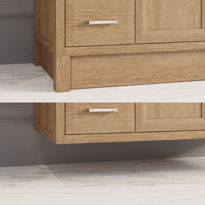 Meuble-lavabo simple Capri III avec organiseur Stealth, armoire de salle de bain en bois massif avec comptoir et dosseret en pierre reconstituée, porte et tiroir à fermeture amortie, pré-assemblé