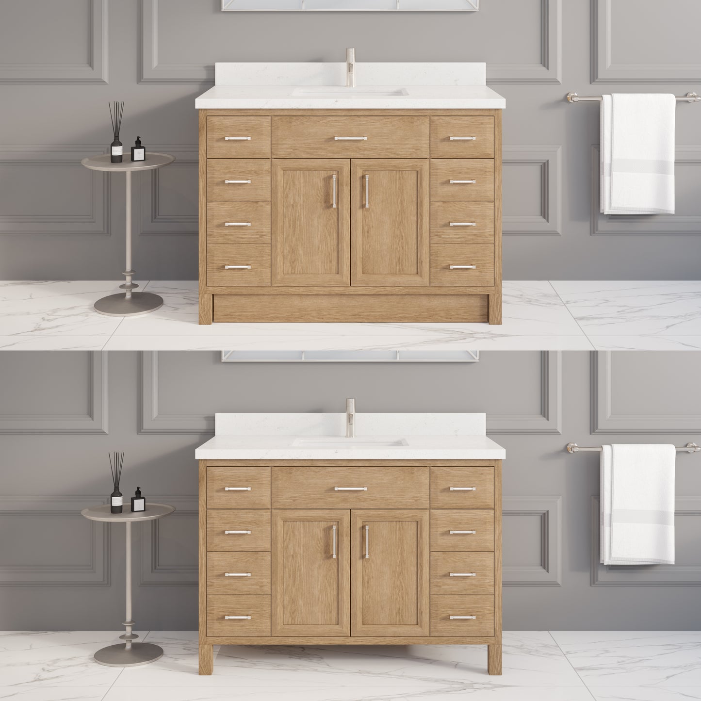 Meuble-lavabo simple Capri III avec organiseur Stealth, armoire de salle de bain en bois massif avec comptoir et dosseret en pierre reconstituée, porte et tiroir à fermeture amortie, pré-assemblé