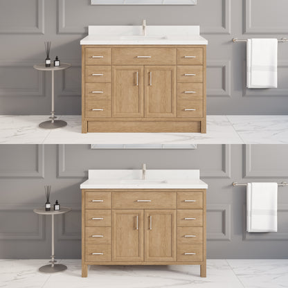 Meuble-lavabo simple Capri III avec organiseur Stealth, armoire de salle de bain en bois massif avec comptoir et dosseret en pierre reconstituée, porte et tiroir à fermeture amortie, pré-assemblé