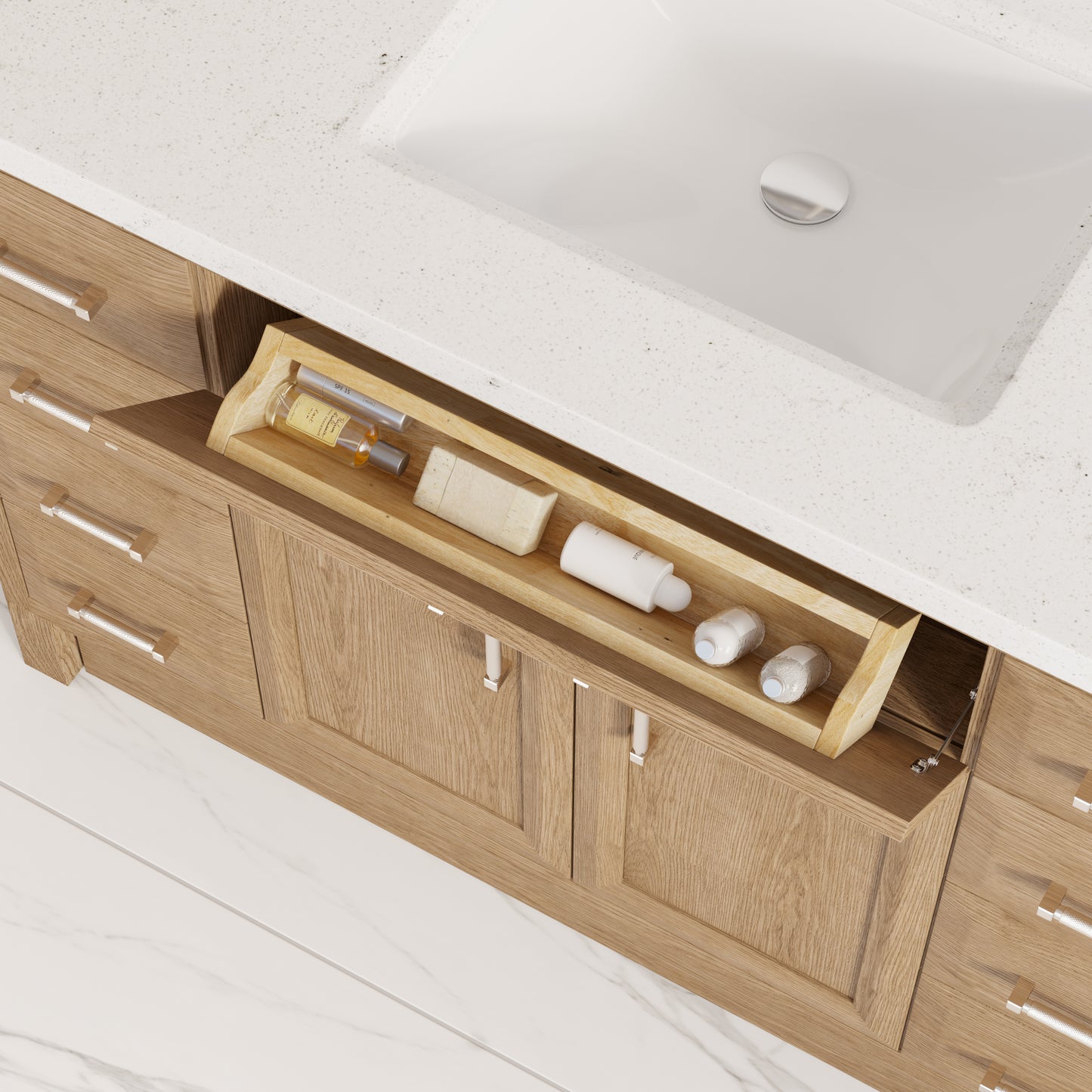 Meuble-lavabo simple Capri III avec organiseur Stealth, armoire de salle de bain en bois massif avec comptoir et dosseret en pierre reconstituée, porte et tiroir à fermeture amortie, pré-assemblé