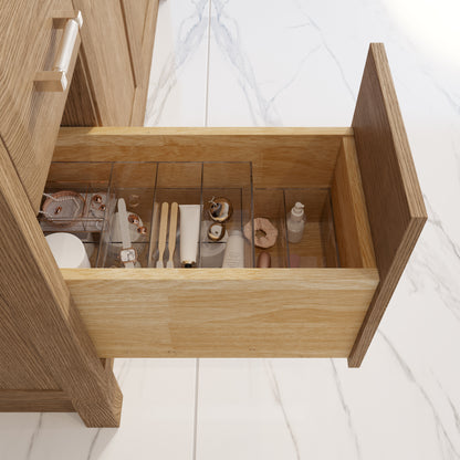Meuble-lavabo simple Capri III avec organiseur Stealth, armoire de salle de bain en bois massif avec comptoir et dosseret en pierre reconstituée, porte et tiroir à fermeture amortie, pré-assemblé