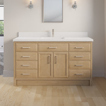 Meuble-lavabo simple Capri III avec organiseur Stealth, armoire de salle de bain en bois massif avec comptoir et dosseret en pierre reconstituée, porte et tiroir à fermeture amortie, pré-assemblé