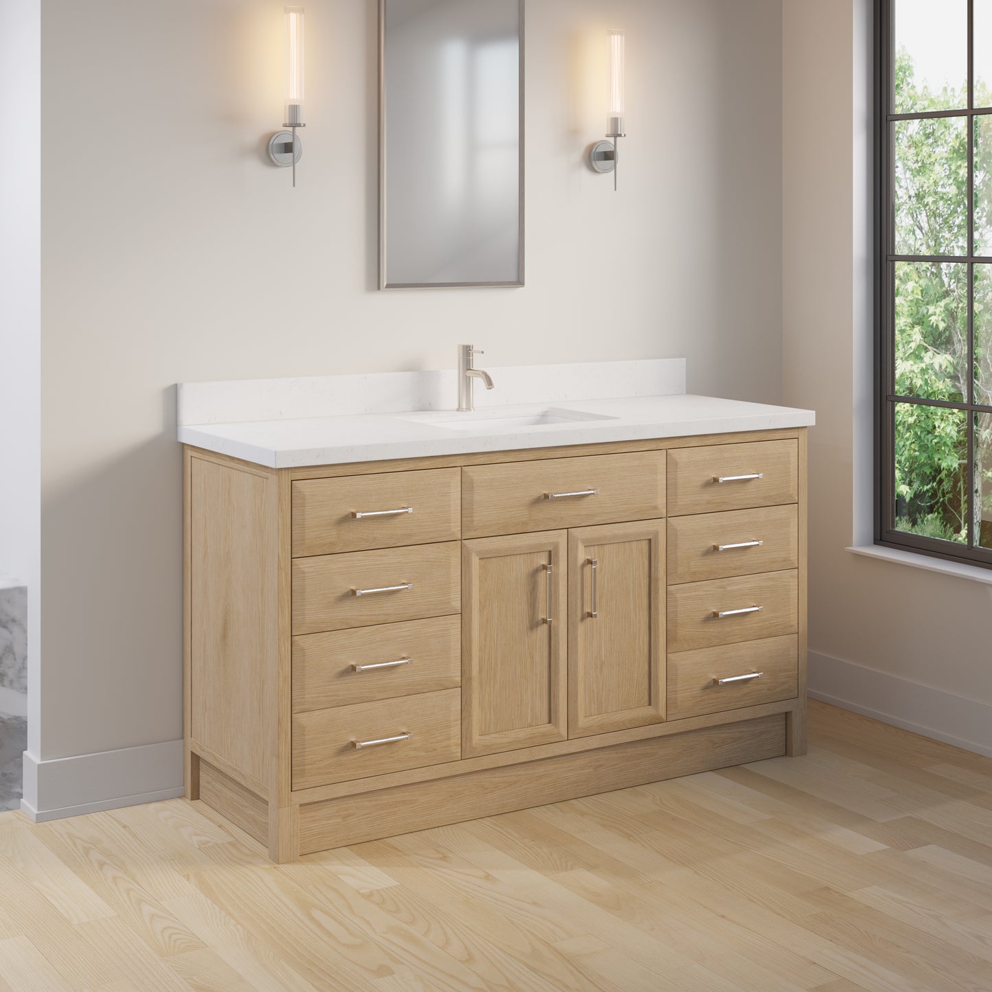Meuble-lavabo simple Capri III avec organiseur Stealth, armoire de salle de bain en bois massif avec comptoir et dosseret en pierre reconstituée, porte et tiroir à fermeture amortie, pré-assemblé