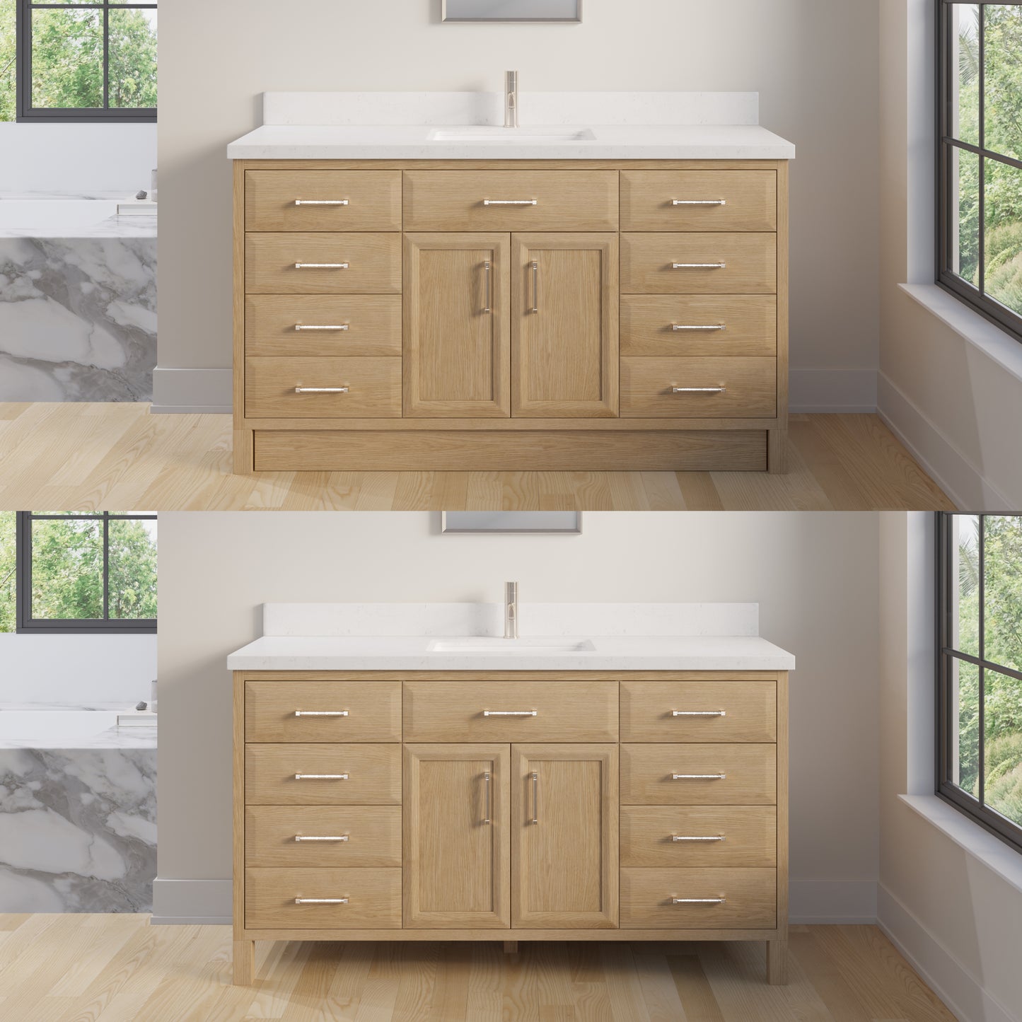 Meuble-lavabo simple Capri III avec organiseur Stealth, armoire de salle de bain en bois massif avec comptoir et dosseret en pierre reconstituée, porte et tiroir à fermeture amortie, pré-assemblé