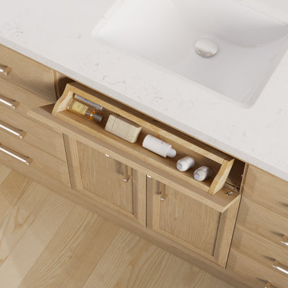 Meuble-lavabo simple Capri III avec organiseur Stealth, armoire de salle de bain en bois massif avec comptoir et dosseret en pierre reconstituée, porte et tiroir à fermeture amortie, pré-assemblé