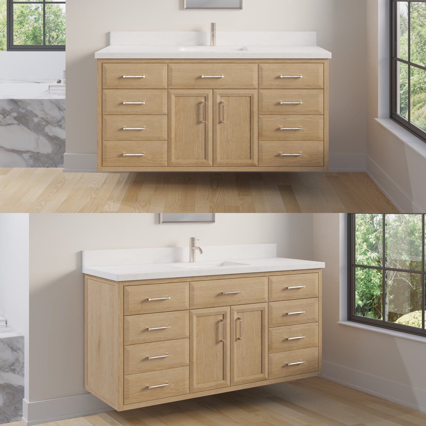 Meuble-lavabo simple Capri III avec organiseur Stealth, armoire de salle de bain en bois massif avec comptoir et dosseret en pierre reconstituée, porte et tiroir à fermeture amortie, pré-assemblé