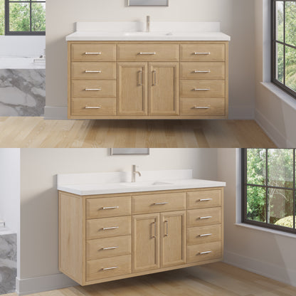 Meuble-lavabo simple Capri III avec organiseur Stealth, armoire de salle de bain en bois massif avec comptoir et dosseret en pierre reconstituée, porte et tiroir à fermeture amortie, pré-assemblé