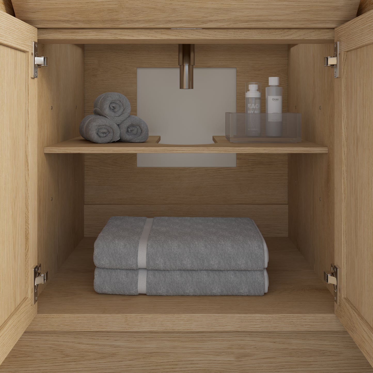 Meuble-lavabo simple Capri III avec organiseur Stealth, armoire de salle de bain en bois massif avec comptoir et dosseret en pierre reconstituée, porte et tiroir à fermeture amortie, pré-assemblé