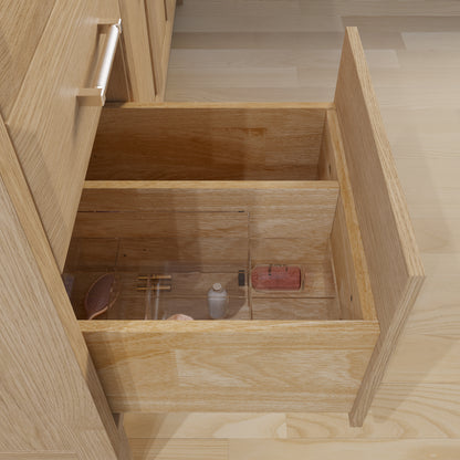 Meuble-lavabo simple Capri III avec organiseur Stealth, armoire de salle de bain en bois massif avec comptoir et dosseret en pierre reconstituée, porte et tiroir à fermeture amortie, pré-assemblé