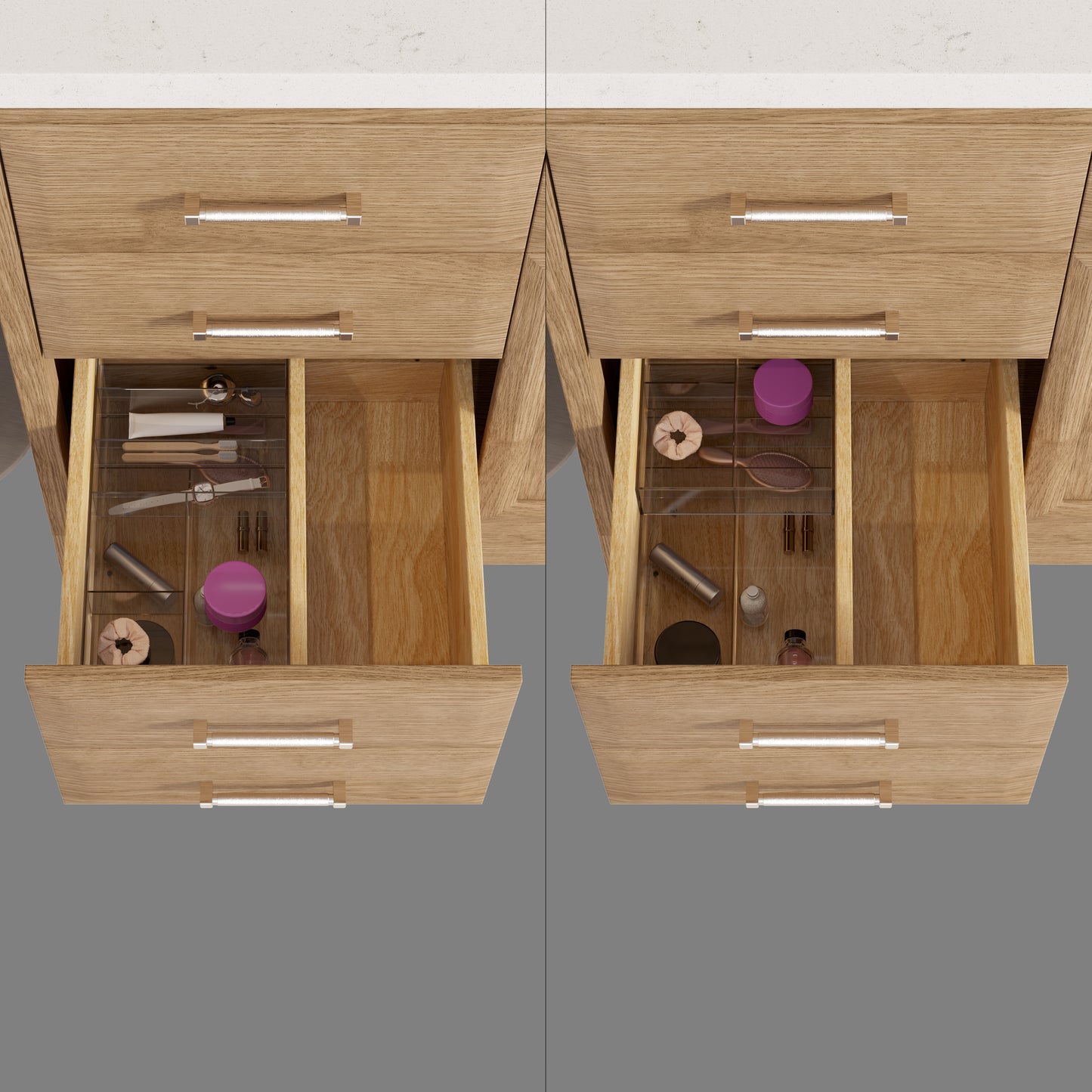 Meuble-lavabo simple Capri III avec organiseur Stealth, armoire de salle de bain en bois massif avec comptoir et dosseret en pierre reconstituée, porte et tiroir à fermeture amortie, pré-assemblé