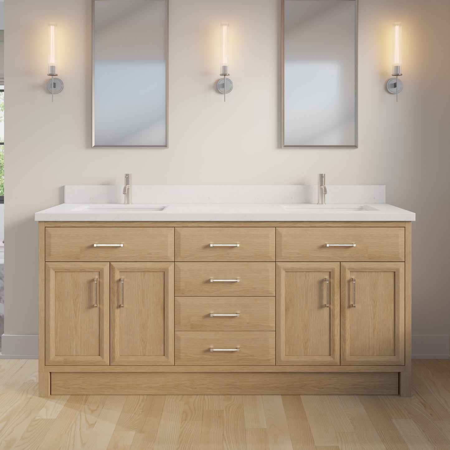 Meuble-lavabo simple Capri III avec organiseur Stealth, armoire de salle de bain en bois massif avec comptoir et dosseret en pierre reconstituée, porte et tiroir à fermeture amortie, pré-assemblé