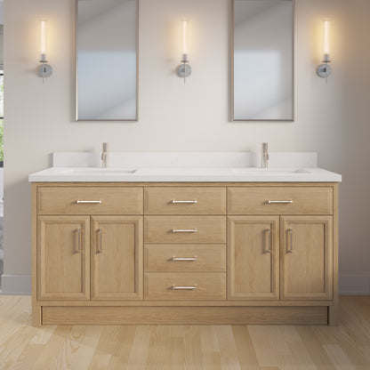 Meuble-lavabo simple Capri III avec organiseur Stealth, armoire de salle de bain en bois massif avec comptoir et dosseret en pierre reconstituée, porte et tiroir à fermeture amortie, pré-assemblé