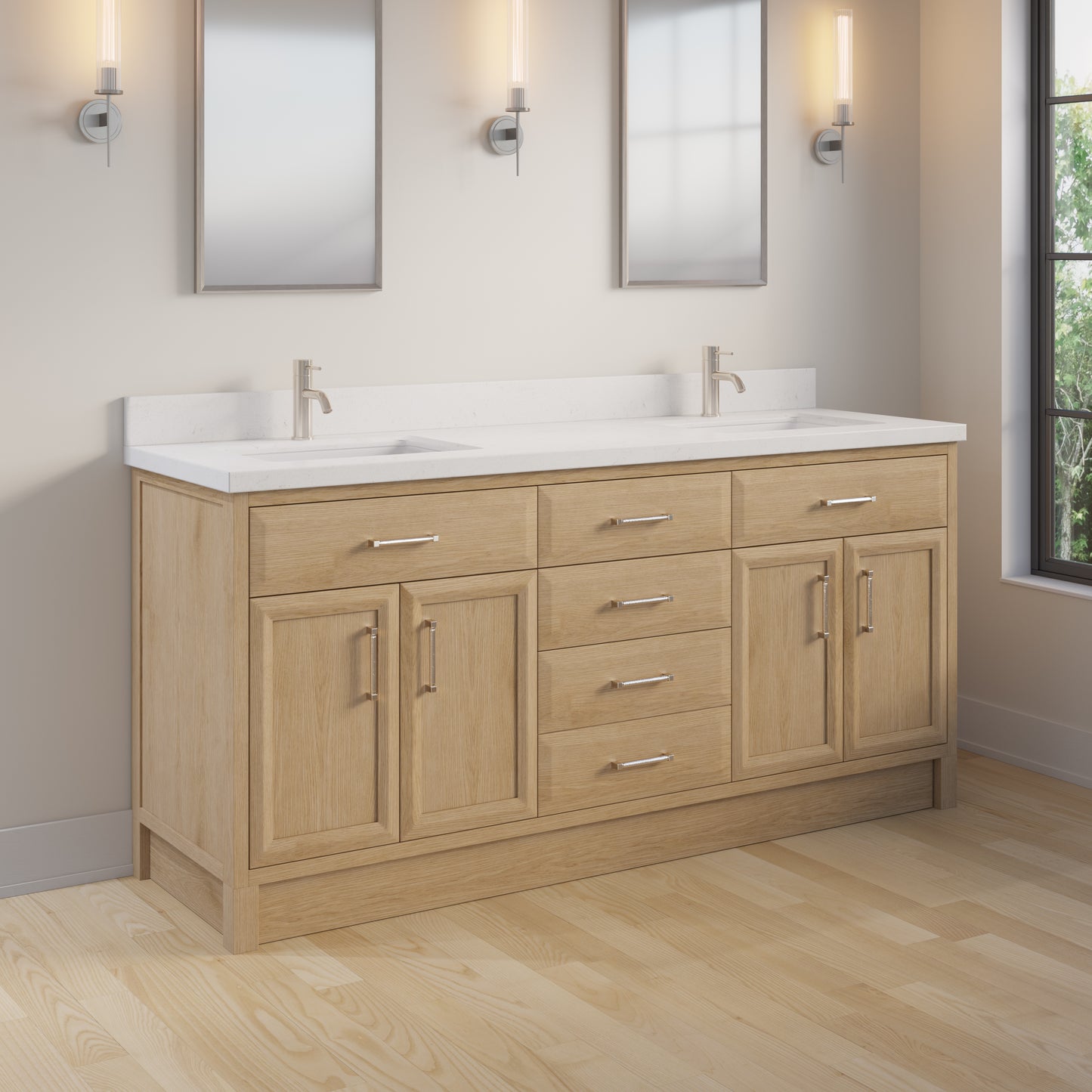 Meuble-lavabo simple Capri III avec organiseur Stealth, armoire de salle de bain en bois massif avec comptoir et dosseret en pierre reconstituée, porte et tiroir à fermeture amortie, pré-assemblé