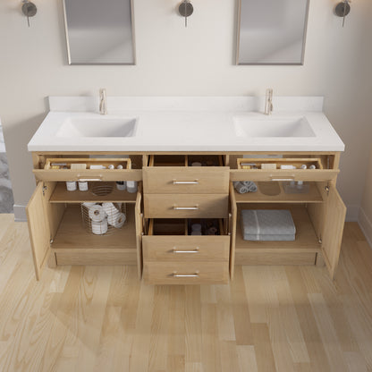 Meuble-lavabo simple Capri III avec organiseur Stealth, armoire de salle de bain en bois massif avec comptoir et dosseret en pierre reconstituée, porte et tiroir à fermeture amortie, pré-assemblé