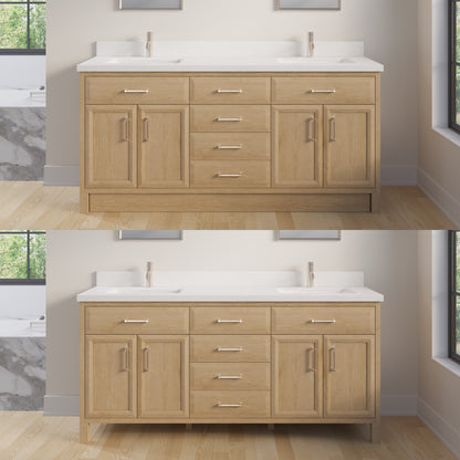 Meuble-lavabo simple Capri III avec organiseur Stealth, armoire de salle de bain en bois massif avec comptoir et dosseret en pierre reconstituée, porte et tiroir à fermeture amortie, pré-assemblé