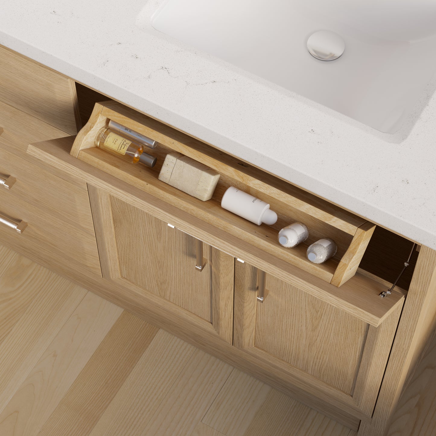 Meuble-lavabo simple Capri III avec organiseur Stealth, armoire de salle de bain en bois massif avec comptoir et dosseret en pierre reconstituée, porte et tiroir à fermeture amortie, pré-assemblé