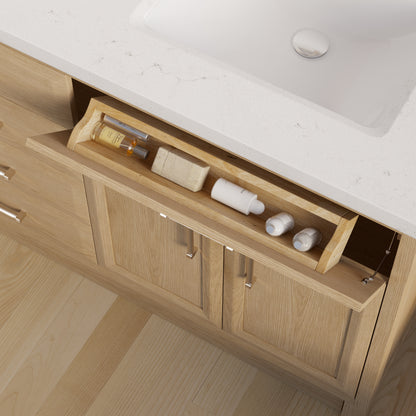 Meuble-lavabo simple Capri III avec organiseur Stealth, armoire de salle de bain en bois massif avec comptoir et dosseret en pierre reconstituée, porte et tiroir à fermeture amortie, pré-assemblé