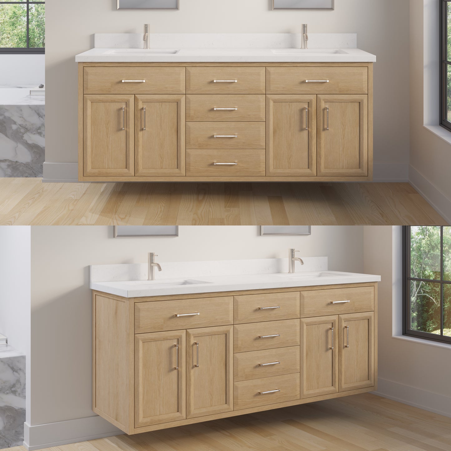 Meuble-lavabo simple Capri III avec organiseur Stealth, armoire de salle de bain en bois massif avec comptoir et dosseret en pierre reconstituée, porte et tiroir à fermeture amortie, pré-assemblé