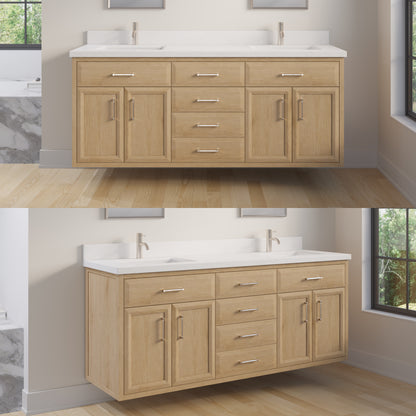 Meuble-lavabo simple Capri III avec organiseur Stealth, armoire de salle de bain en bois massif avec comptoir et dosseret en pierre reconstituée, porte et tiroir à fermeture amortie, pré-assemblé