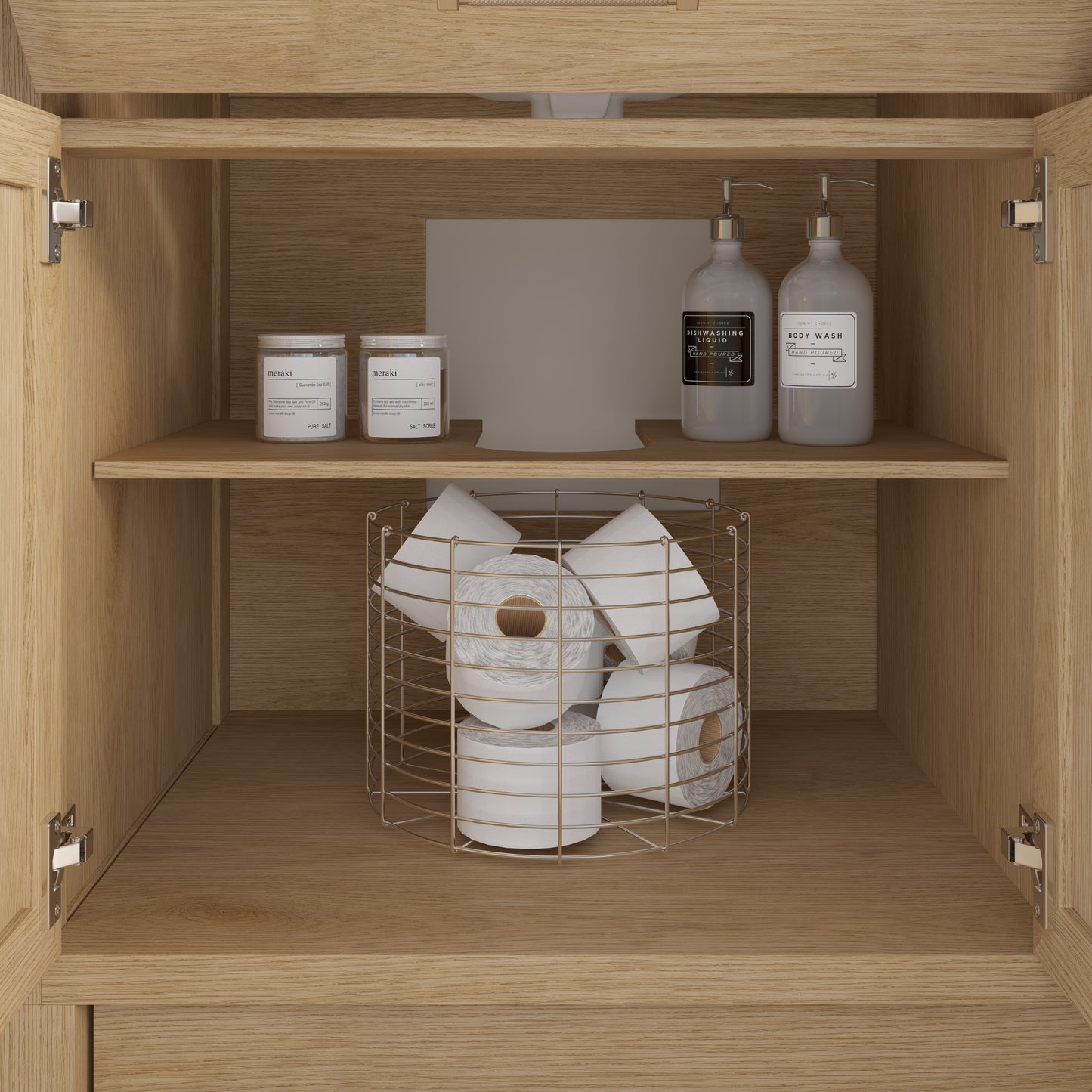 Meuble-lavabo simple Capri III avec organiseur Stealth, armoire de salle de bain en bois massif avec comptoir et dosseret en pierre reconstituée, porte et tiroir à fermeture amortie, pré-assemblé