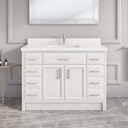 Meuble-lavabo simple Capri III avec organiseur Stealth, armoire de salle de bain en bois massif avec comptoir et dosseret en pierre reconstituée, porte et tiroir à fermeture amortie, pré-assemblé