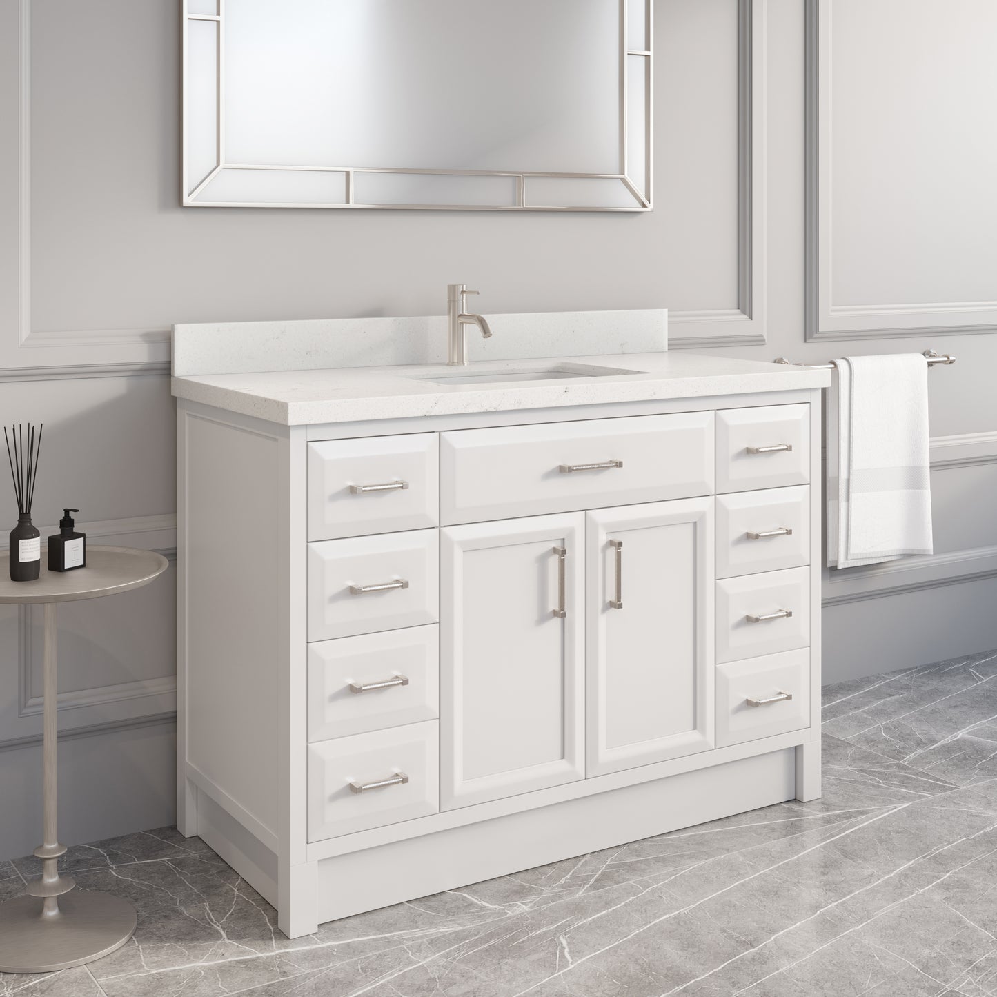 Meuble-lavabo simple Capri III avec organiseur Stealth, armoire de salle de bain en bois massif avec comptoir et dosseret en pierre reconstituée, porte et tiroir à fermeture amortie, pré-assemblé
