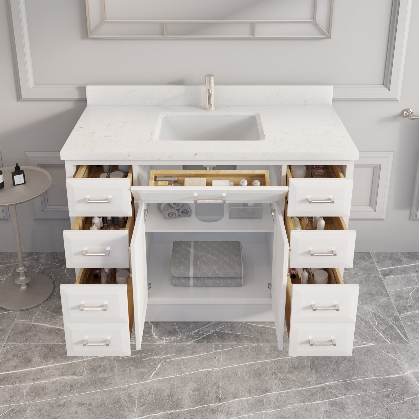 Meuble-lavabo simple Capri III avec organiseur Stealth, armoire de salle de bain en bois massif avec comptoir et dosseret en pierre reconstituée, porte et tiroir à fermeture amortie, pré-assemblé