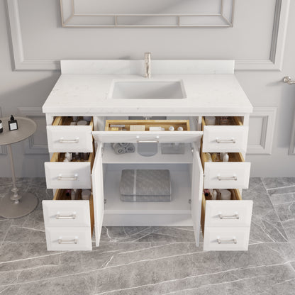 Meuble-lavabo simple Capri III avec organiseur Stealth, armoire de salle de bain en bois massif avec comptoir et dosseret en pierre reconstituée, porte et tiroir à fermeture amortie, pré-assemblé