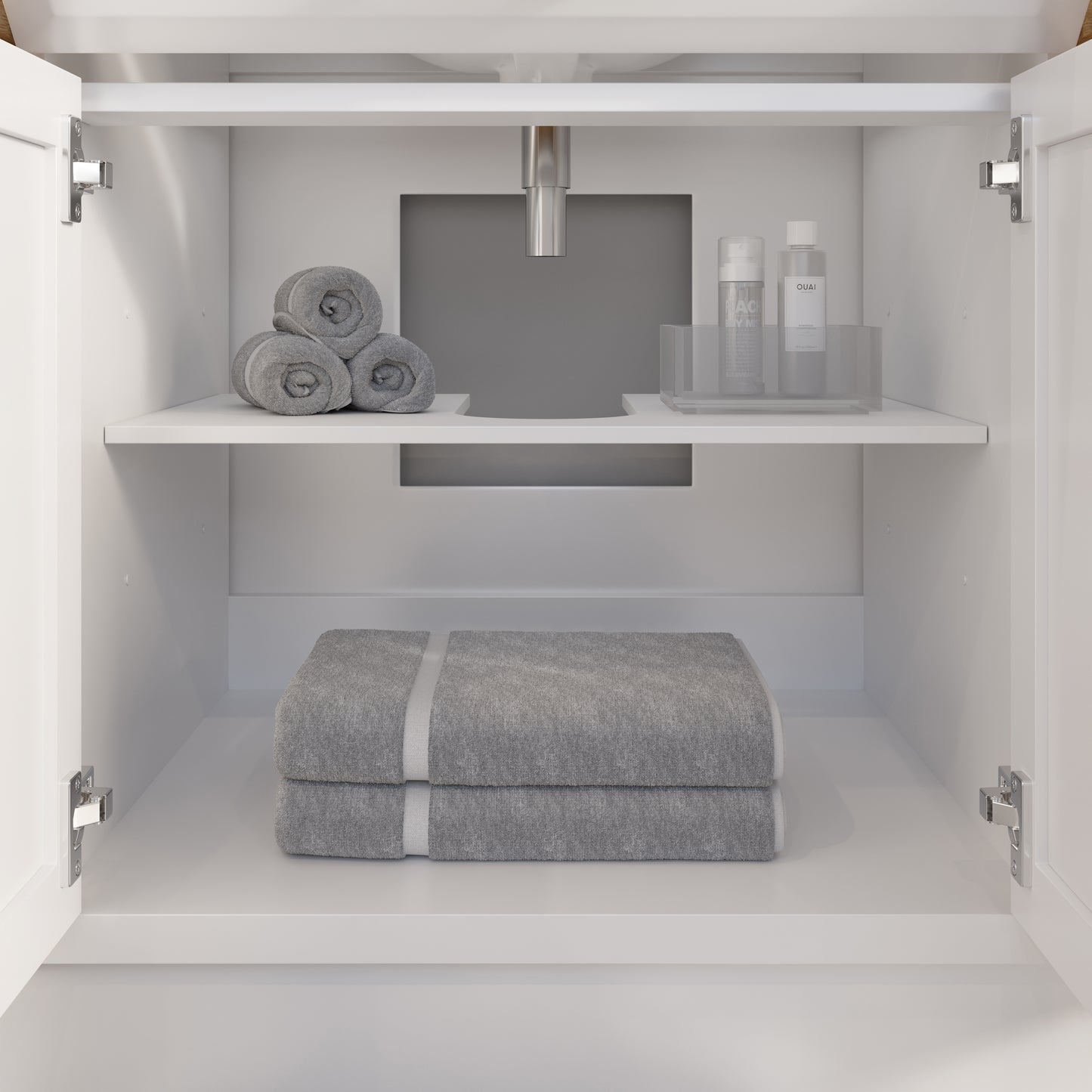 Meuble-lavabo simple Capri III avec organiseur Stealth, armoire de salle de bain en bois massif avec comptoir et dosseret en pierre reconstituée, porte et tiroir à fermeture amortie, pré-assemblé