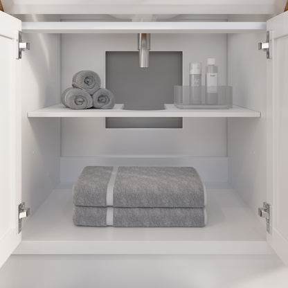 Meuble-lavabo simple Capri III avec organiseur Stealth, armoire de salle de bain en bois massif avec comptoir et dosseret en pierre reconstituée, porte et tiroir à fermeture amortie, pré-assemblé
