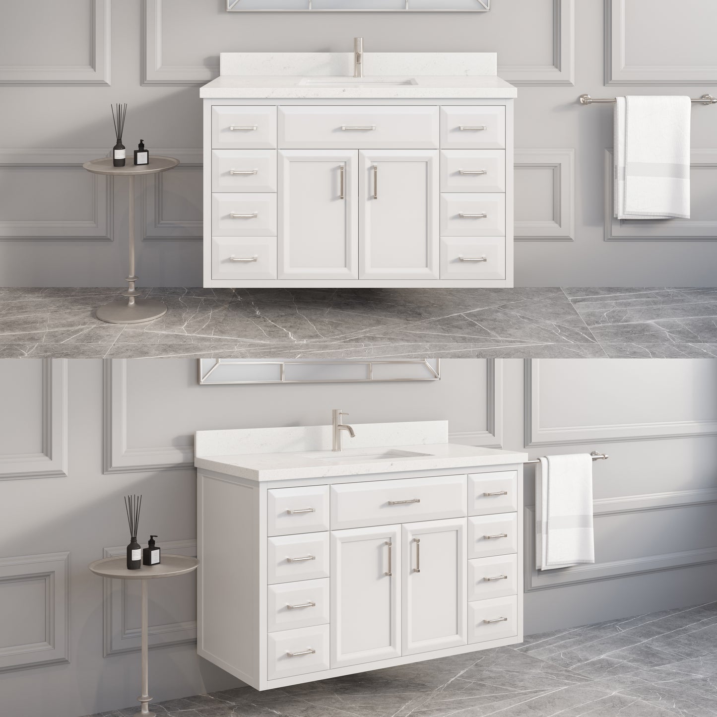 Meuble-lavabo simple Capri III avec organiseur Stealth, armoire de salle de bain en bois massif avec comptoir et dosseret en pierre reconstituée, porte et tiroir à fermeture amortie, pré-assemblé